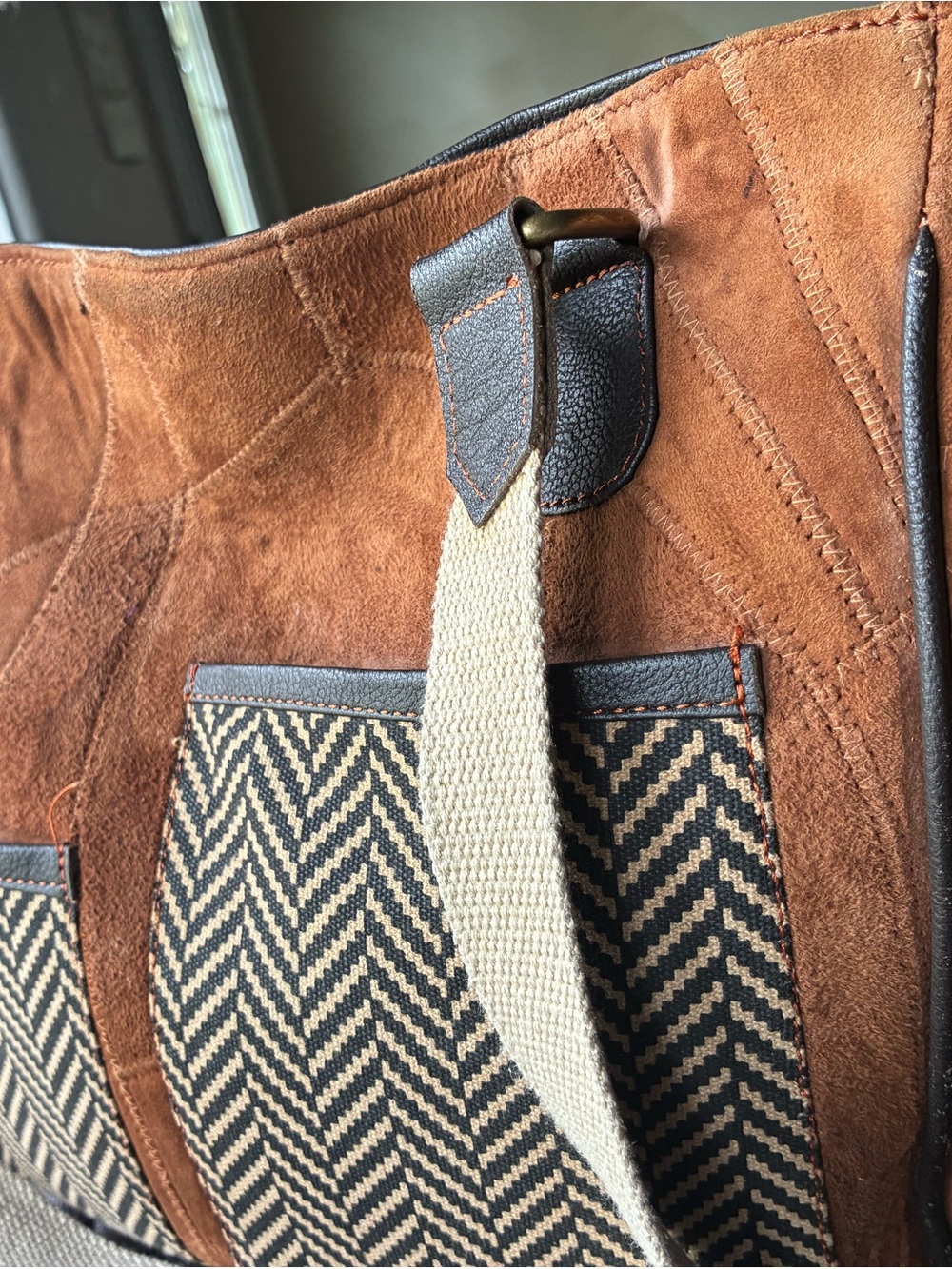 Brown Suede Patchwork Tote with Chevron Front Pocket and Cream Strap